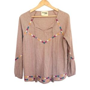 Savanna Jane Embroidered Striped Tassel Tie Neck Blouse Top Women's Size S